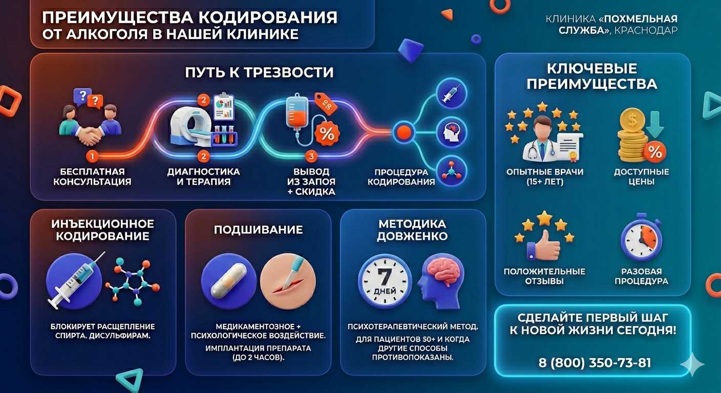 Инфографика о методах кодирования от алкоголя в Махачкале: инъекции, подшивание, метод Довженко. Преимущества клиники и этапы лечения.