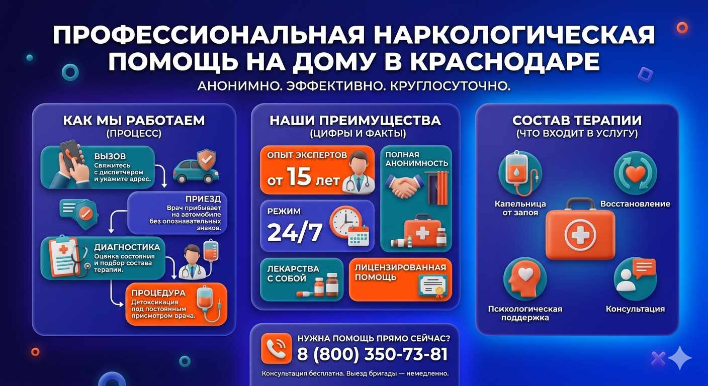Инфографика о принципах лечения алкоголизма на дому в Махачкале: этапы вызова нарколога, преимущества анонимной детоксикации и состав медицинской помощи.